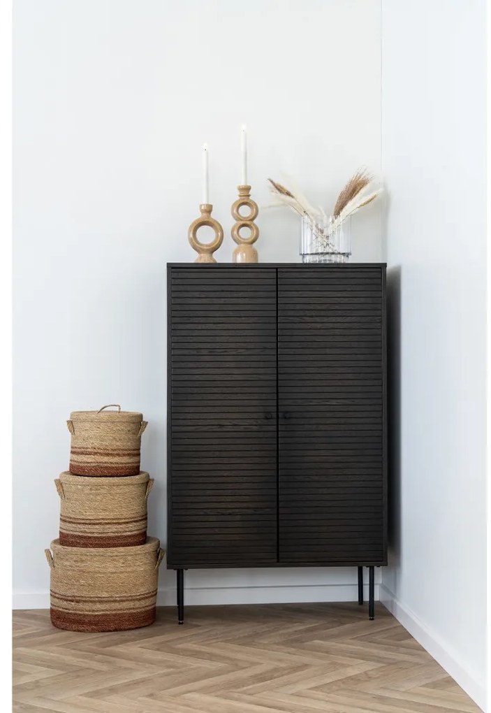 Kyoto polcos szekrény, 2 ajtós, tölgyfa furnér, füstölt, fekete fém lábak 80x40x130 cm