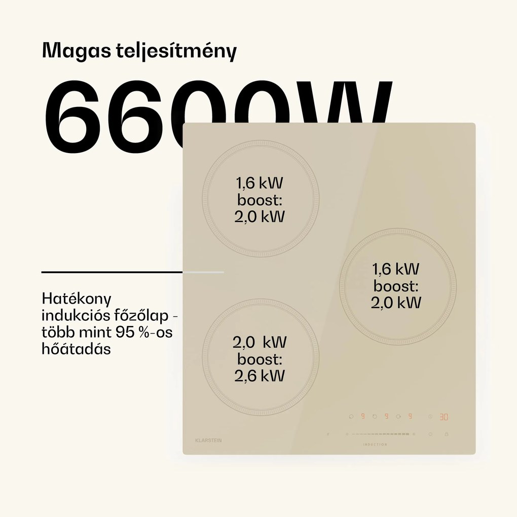 Klarstein Victoria indukciós főzőlap, 45 cm, 6 600 W, 3 főzőzóna, csúszka vezérlés, boost