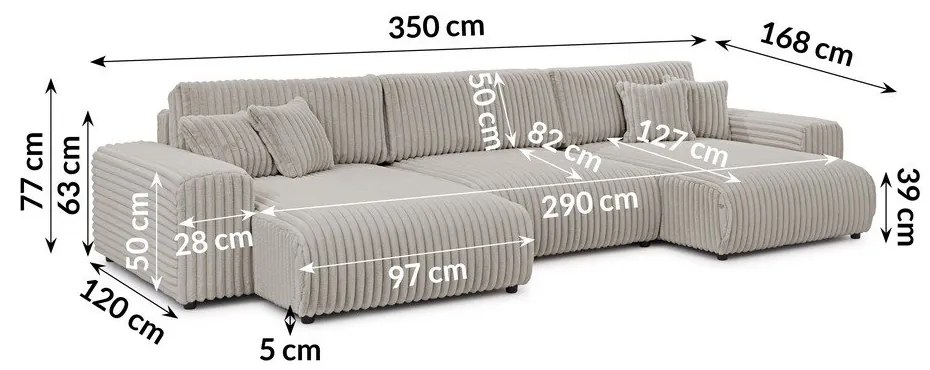 Világosszürke kordbársony kinyitható-tárolóhelyes sarokkanapé (U alakú) Sarina – Ropez