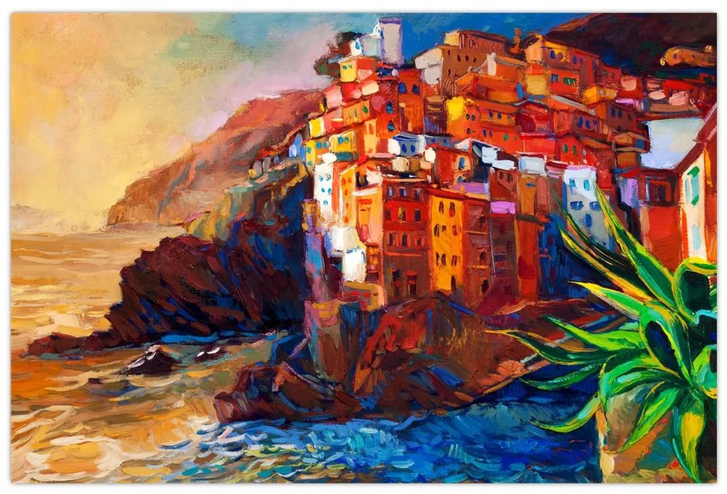 Kép - Falu Cinque Terre partján, az olasz riviérán, modern impresszionizmus (90x60 cm)