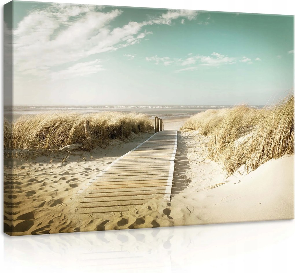 Vászonkép 70x50 Tengerpart fa ösvény tenger homok fű ég nyugalom természet
