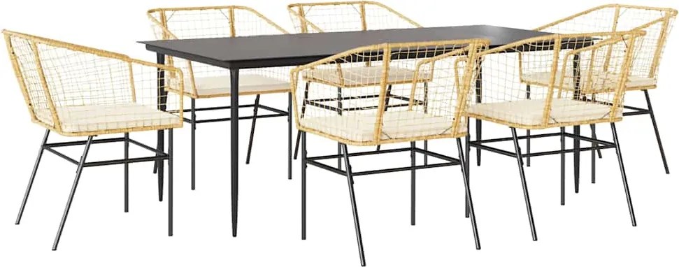 vidaXL 7 észes barna polyrattan üveg kerti étkezőgarnitúra párnával