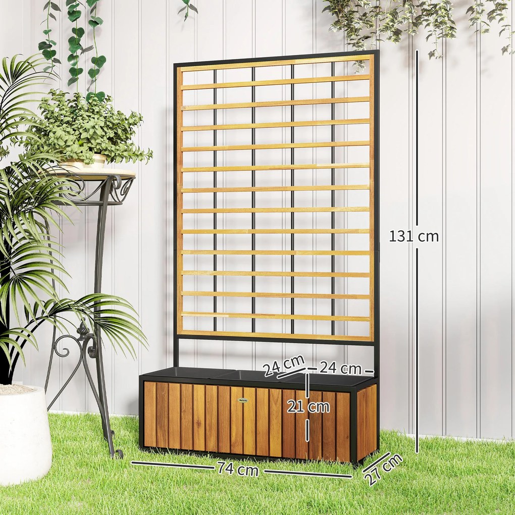 Outsunny Fém Rácsos Virágtartó, Magaságyás, Kültéri Virágágyás Drenázs Lyukakkal, Teak Akác Fából és Acélból, 74 x 27 x 131 cm | Aosom