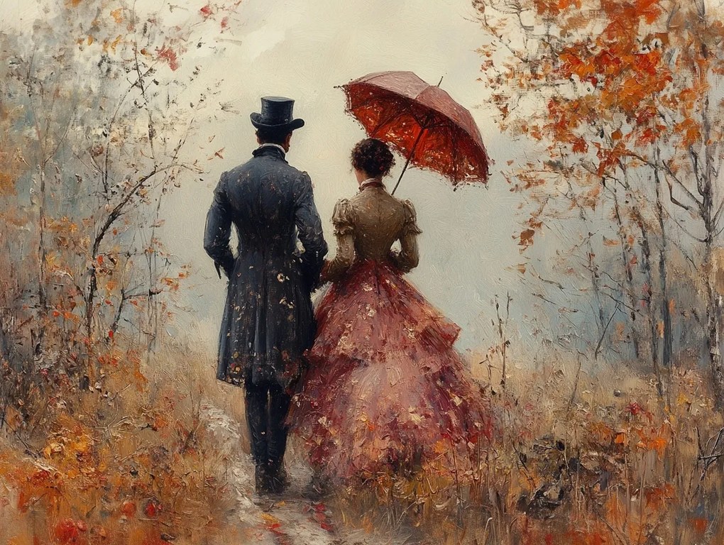 Vászonkép Canvas Pár Séta Ősz Retro Viktoriánus Stílus 100x75