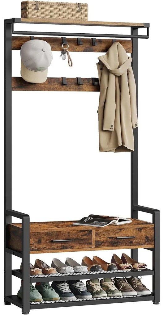 Előszobafal ülőkével, cipőtárolóval,szövetfiókkal,30 x 80,4 x 181,6 cm, rusztikus barna/fekete