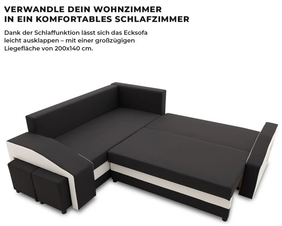 Grande sarokkanapé polcokkal és puffokkal , polc a jobb karfaban puffok a bal karfaban, baloldali, szövet anyag, hab töltet, fekete - fehér