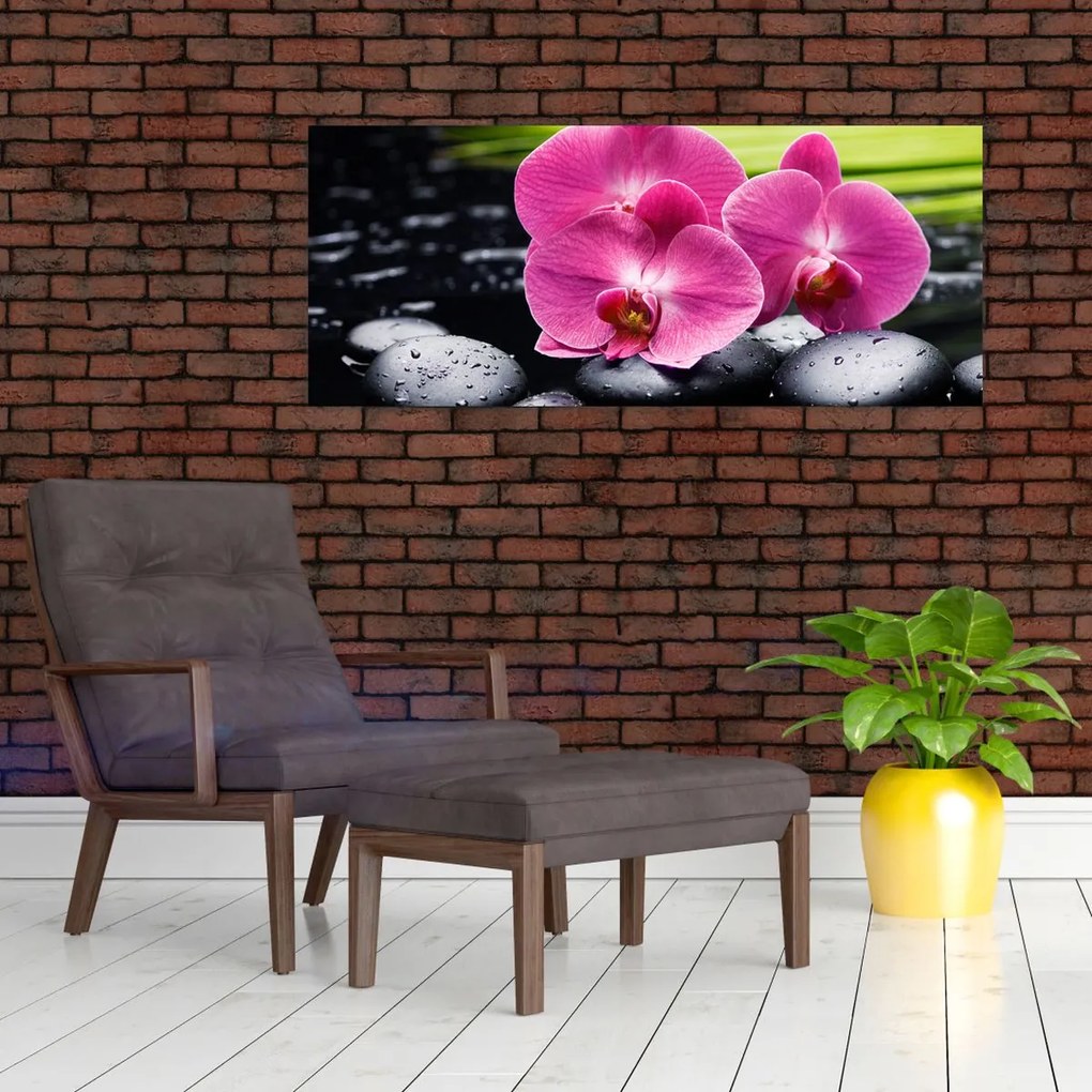 Kép - Rózsaszín orchidea pálmalevéllel (120x50 cm)