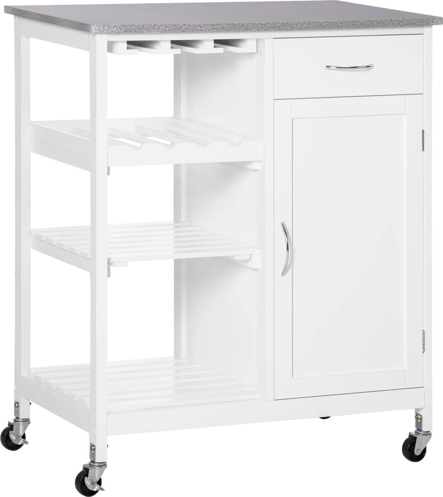 HOMCOM Konyhai Kocsi Kerekekkel, 1 Fiókkal, Levehető Polcokkal, 4 Palackos Borállvánnyal és Szekrénnyel, 40 kg Terhelhetőséggel, 76x48x88 cm, Fehér |