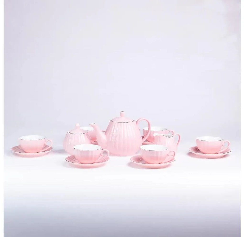 15 darabos porcelán kávészett, rózsaszín