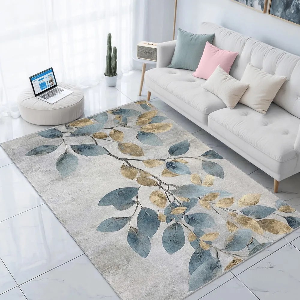Világoskék-aranyszínű mosható szőnyeg 80x150 cm Golden Leaves – Mila Home