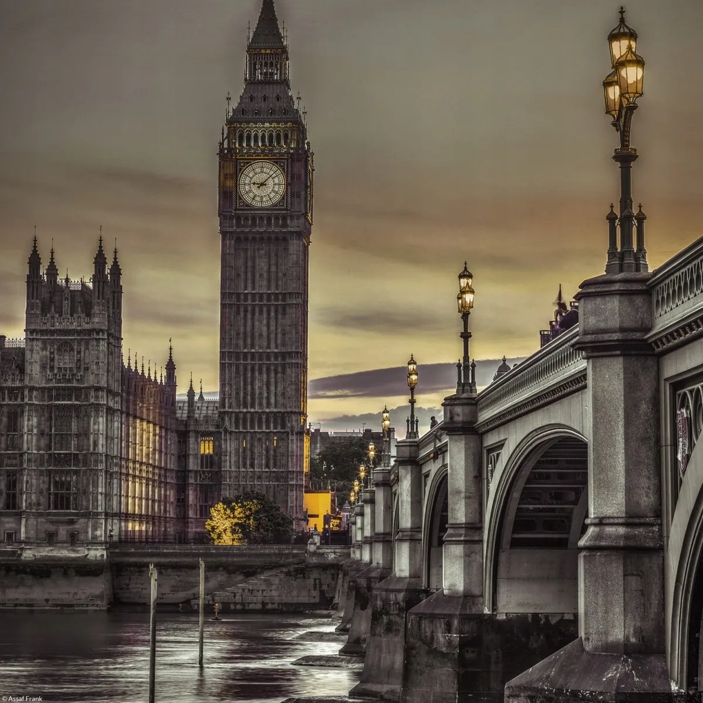 Poszter 30x30cm Westminster híd és Big Ben a Temze-parti sétányról, Assaf