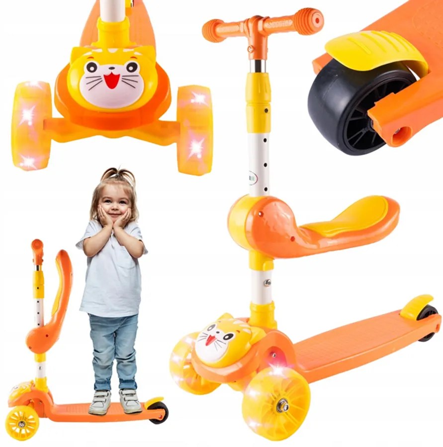 Világító LED-es 3 kerekes Álló-ülő roller, gyerekeknek, narancssárga cicás