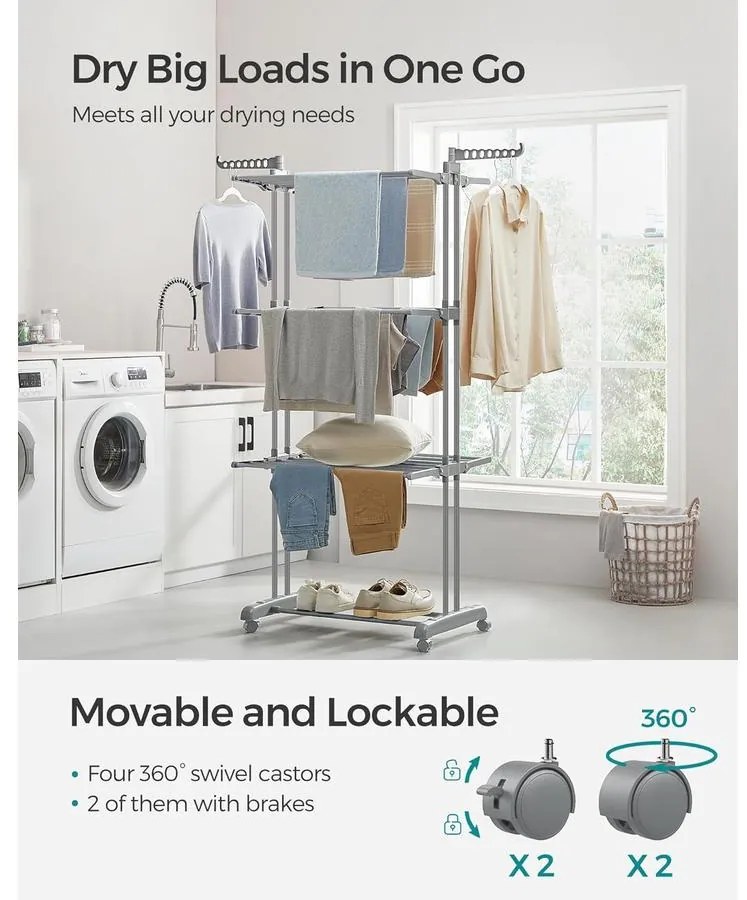 összecsukható 4 szintes ruhaszárító állvány, mozgatható, 64 x 126 x 172 cm, rozsdamentes acél, lehajtható szárnyakkal, szürke