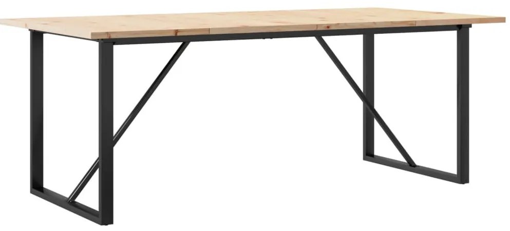 Tömör fenyőfa és acél O-vázú étkezőasztal 200x100x75,5 cm