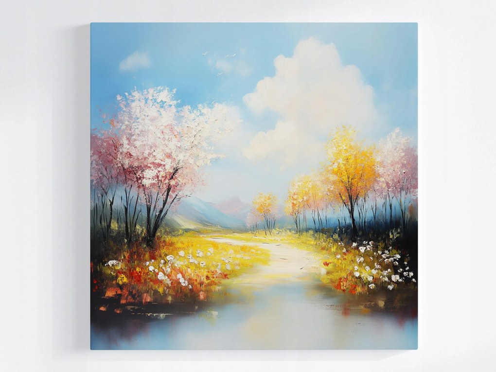 Vászonkép Canvas Tájkép Kilátás Tavasz Hegyek Völgy Rét Virágok 40x40