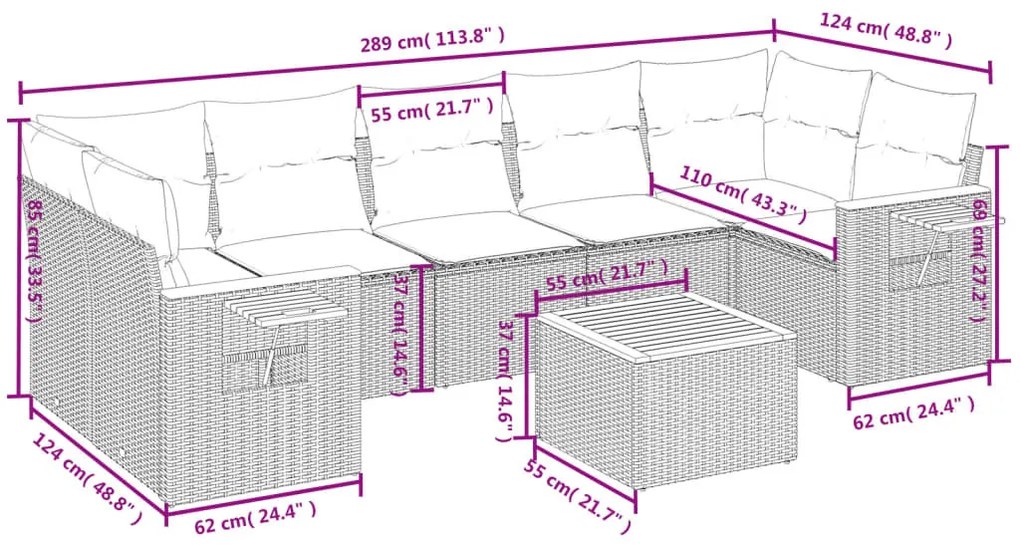 8 részes fekete polyrattan kerti ülőgarnitúra párnákkal