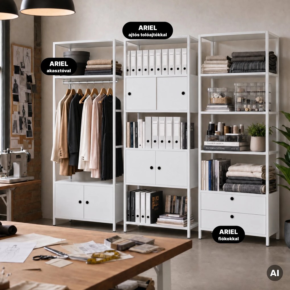 Iratrendező polc zárható szekrénnyel, irodai, nyitott polcok, fém fehér, 800x2200x400 mm: ARIEL