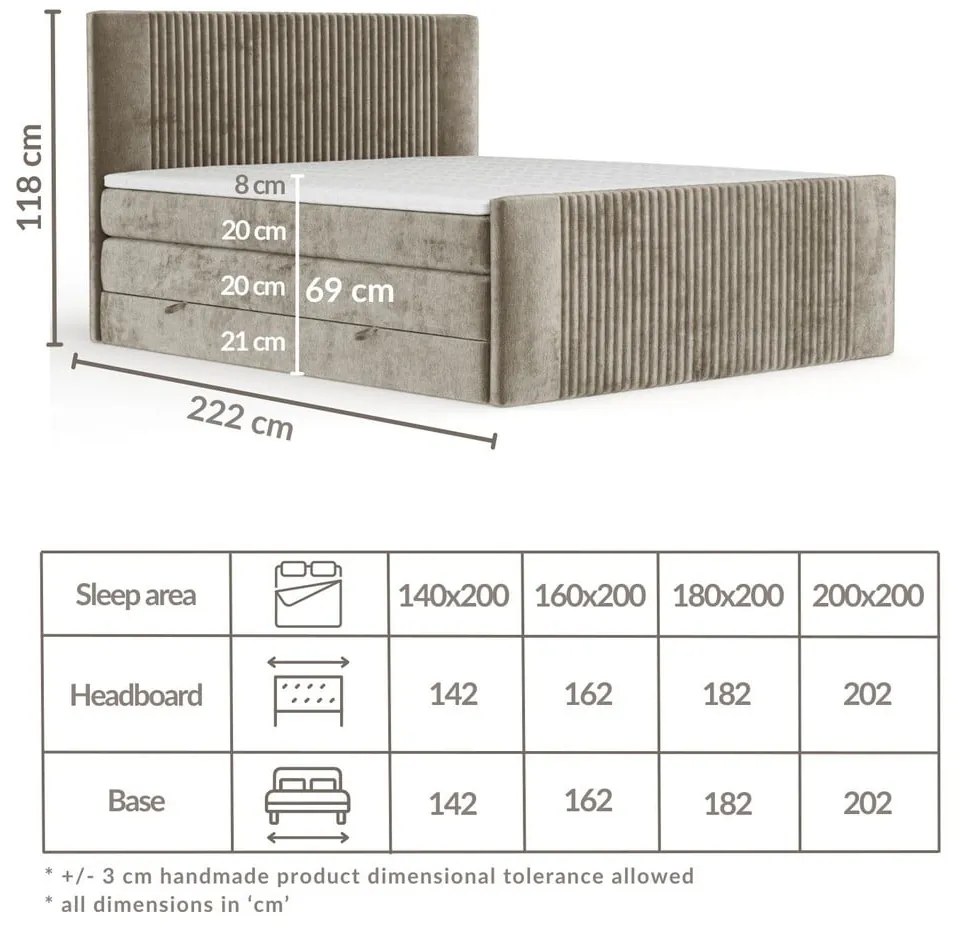 Világosbarna ágyneműtartós boxspring ágy 200x200 cm Bergamo – Maison de Rêve