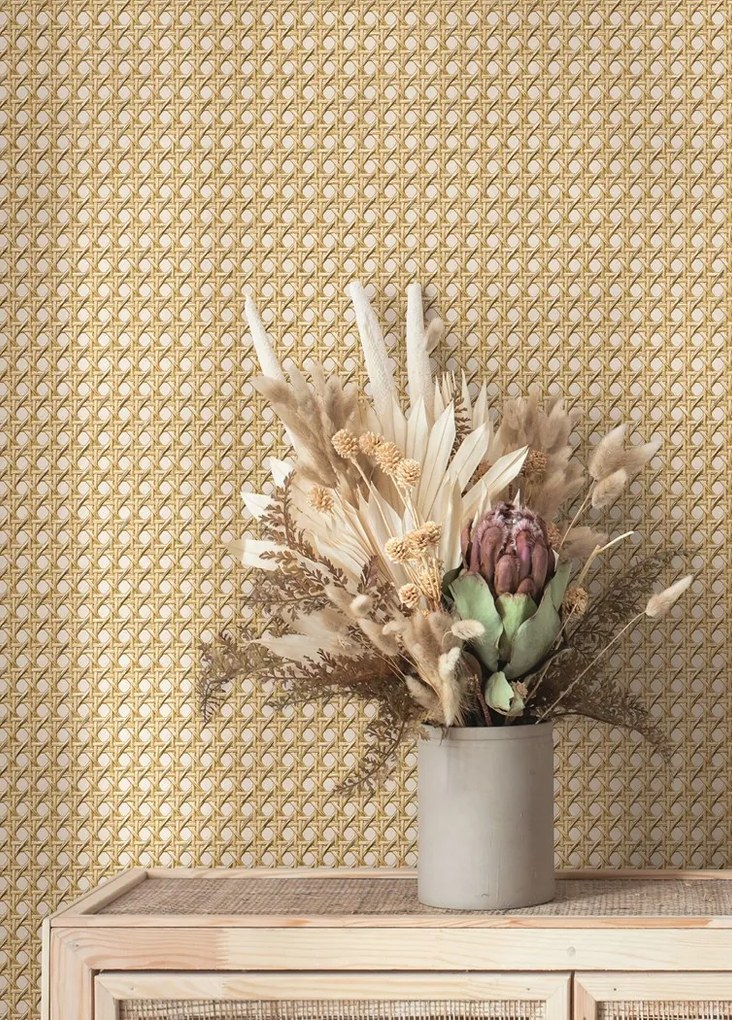 Fehér-bézs Fali Tapéta Vinil Rattan Motívummal, Flizelin