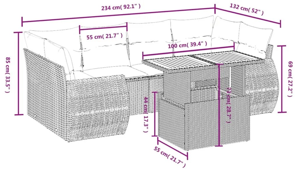 7 részes bézs polyrattan kerti ülőgarnitúra párnákkal