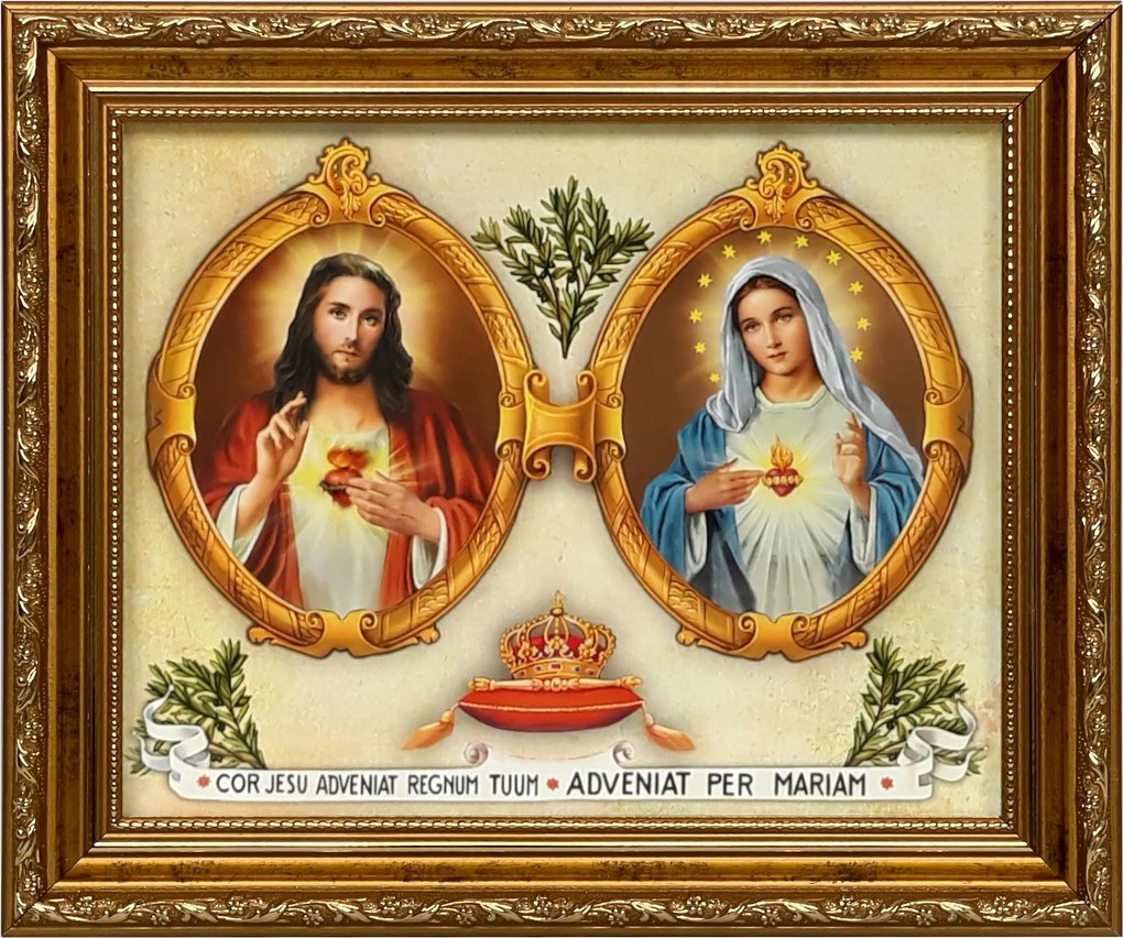 Vászonkép 26x31 Jézus És Mária Szíve Jézus Krisztus Mária Arany Díszített Keret