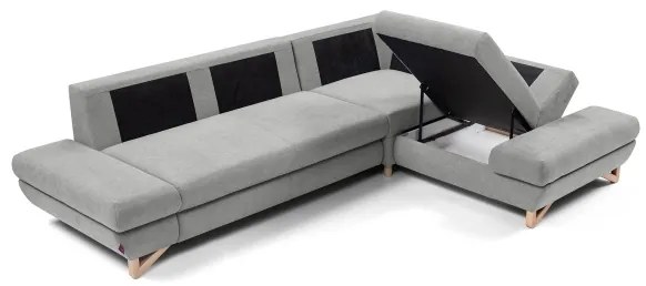 Ággyá nyitható, kárpitozott, jobb oldali L-alakú sarok ülőgarnitúra tárolórekesszel AVESTA, szürke