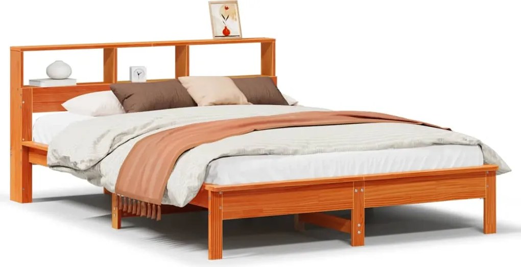 vidaXL barna tömör fenyőfa könyvespolcos ágy matrac nélkül 120 x 190cm