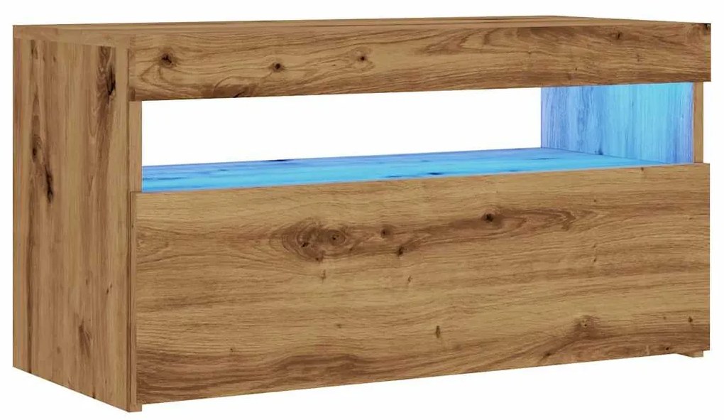 kézműves tölgy szerelt fa TV-szekrény LED-ekkel 75x35x40 cm