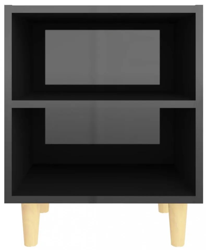 magasfényű fekete éjjeliszekrény tömör fa lábakkal 40x30x50cm