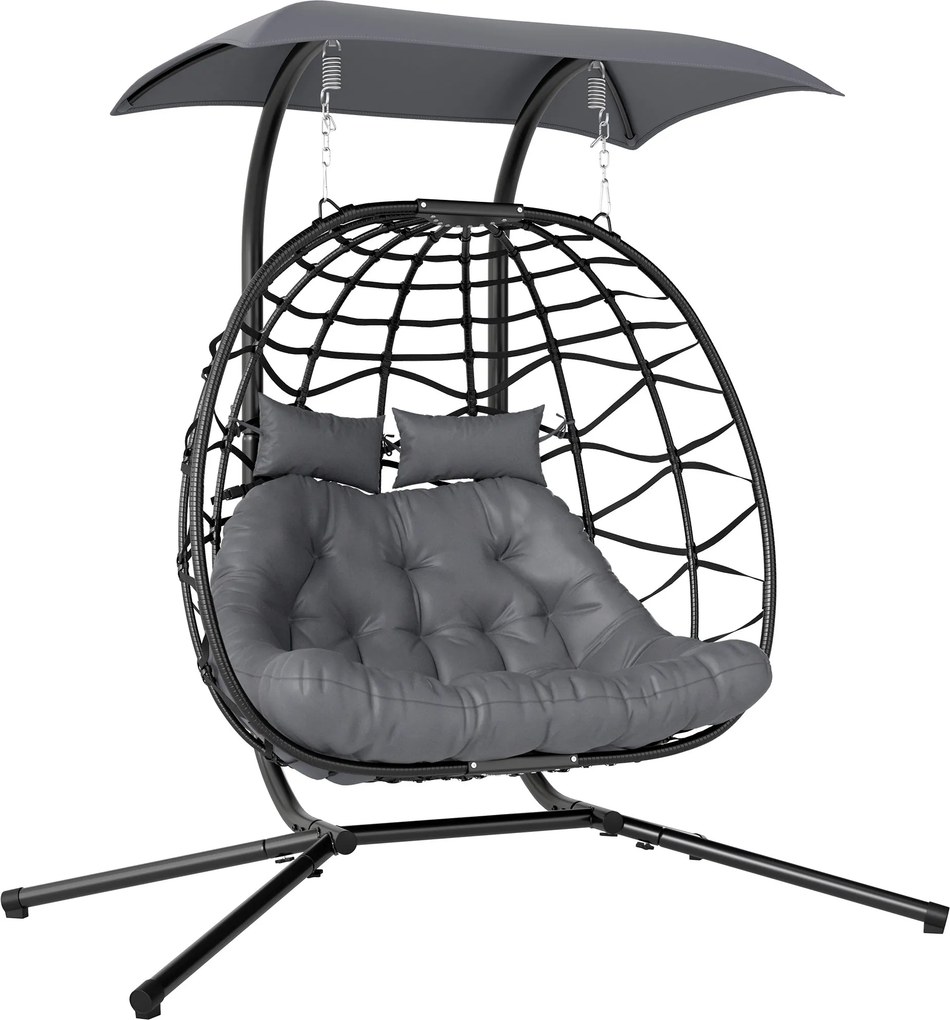 Outsunny Függő Szék Hajtható Állvánnyal, Függő Kosárral, Párnával és Napernyővel, Műanyag Rattan, Két Személyes, Kültéri Hinta, 260 kg Teherbírás, Erk