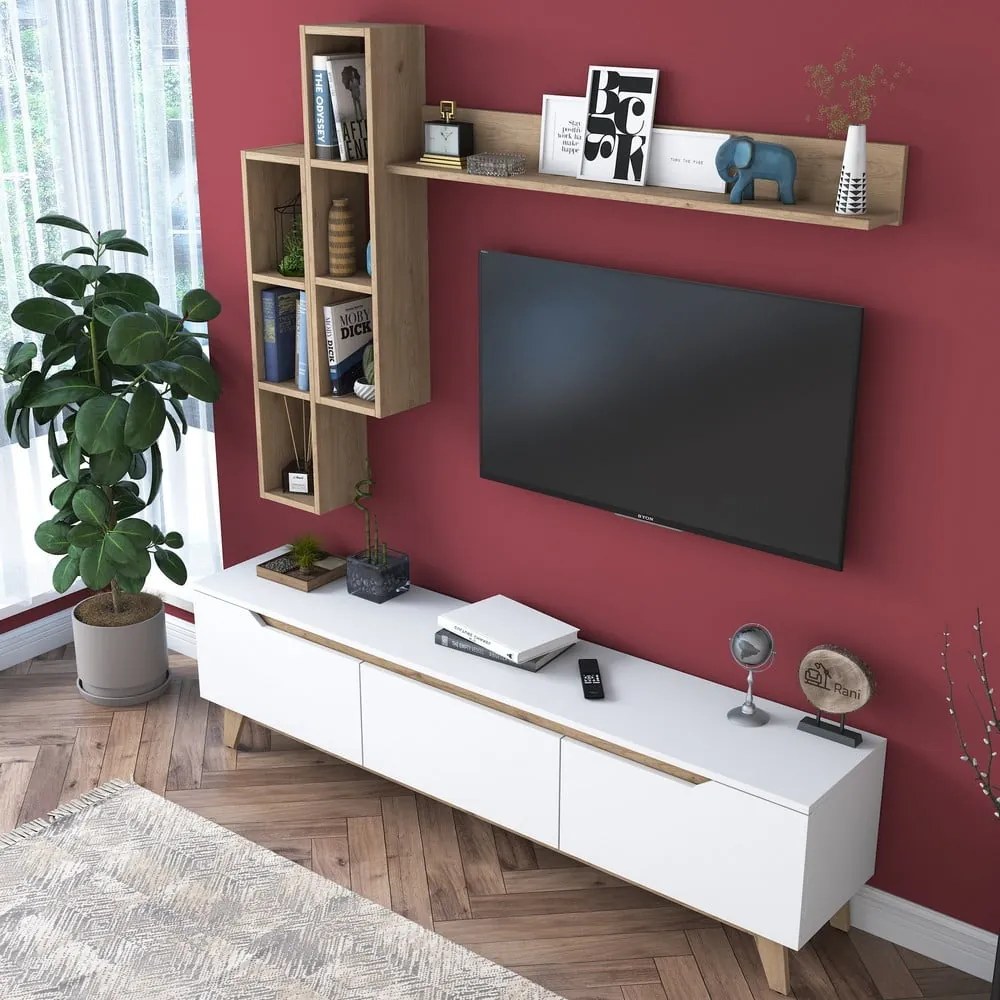 Fehér-natúr színű nappali bútor szett diófa dekorral 180x49 cm Linh – Kalune Design