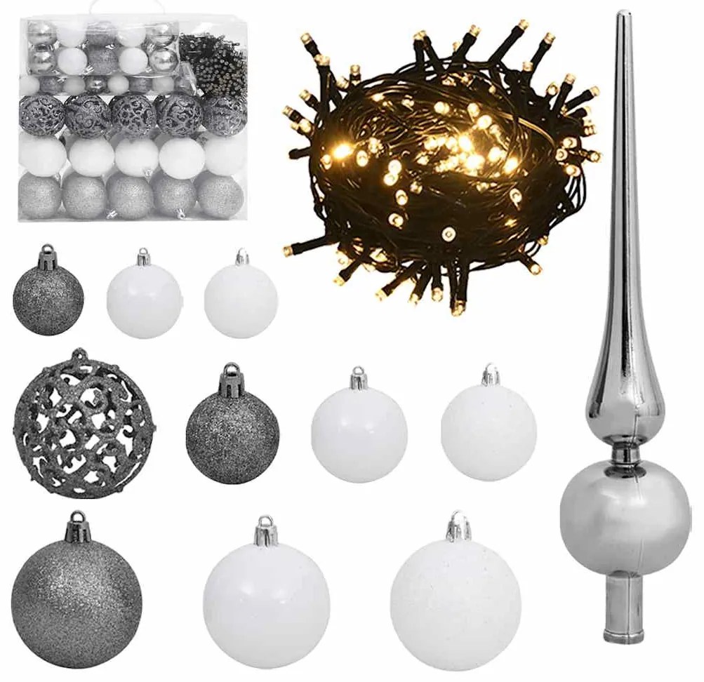 műkarácsonyfa 300 LED-del, gömbszettel és hópehellyel 180 cm