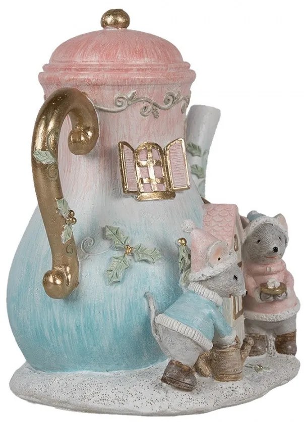 LED-es kékes rózsaszín teáskanna egerekkel karácsonyi dekoráció