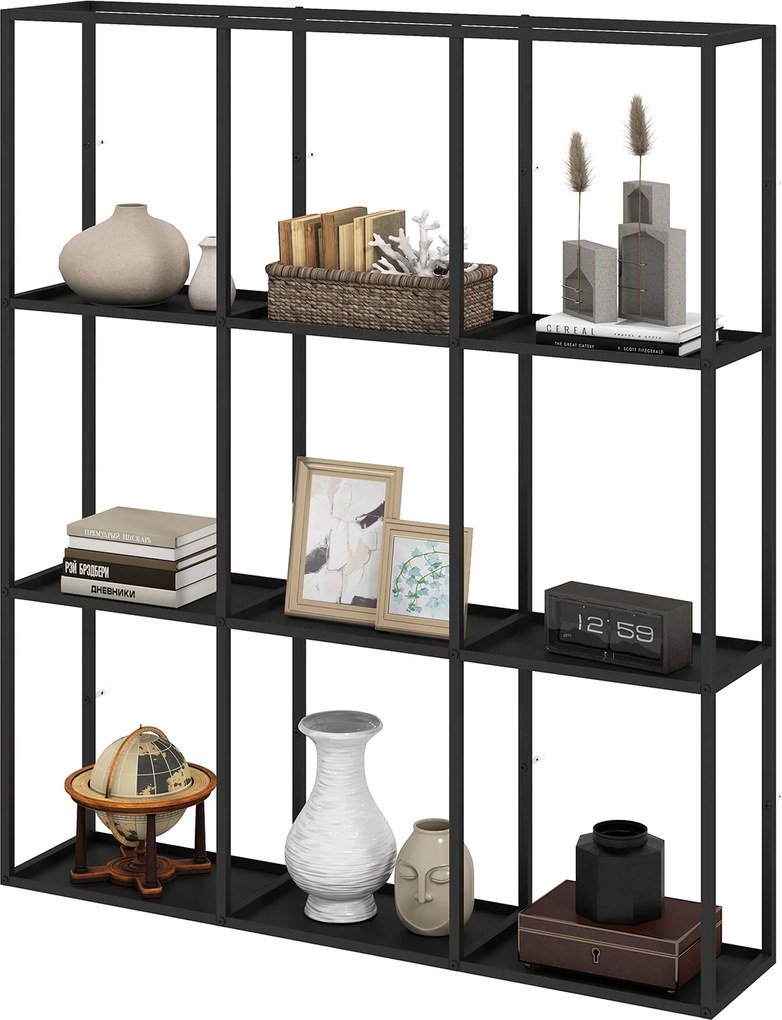HOMCOM ipari 9 rekeszes fali polc — moduláris fém kiállítópolc gyűjteményekhez és lakberendezéshez, fekete | Aosom