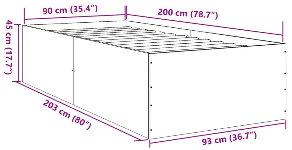 füstös tölgy színű szerelt fa ágykeret 90 x 200 cm