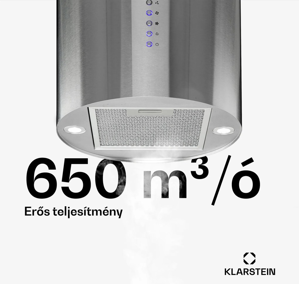 Klarstein Beretta, sziget páraelszívó, Ø 35 cm, légkeringetés, 650 m³/ó, LED, nemesacél