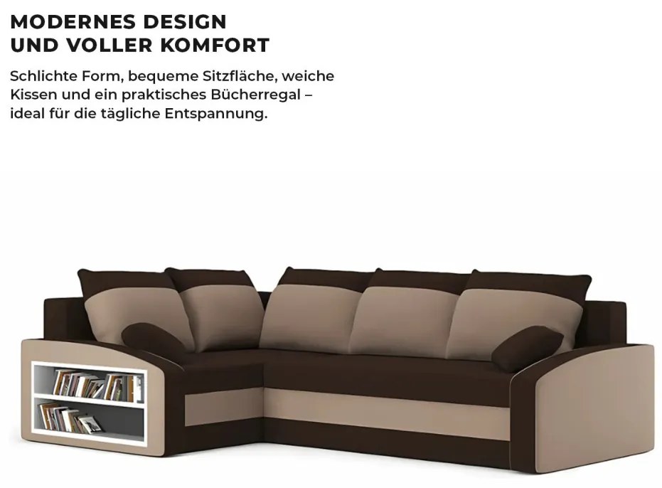 Grande sarokkanapé polcokkal , polc a bal karfaban, baloldali, szövet anyag, bonell töltet, barna