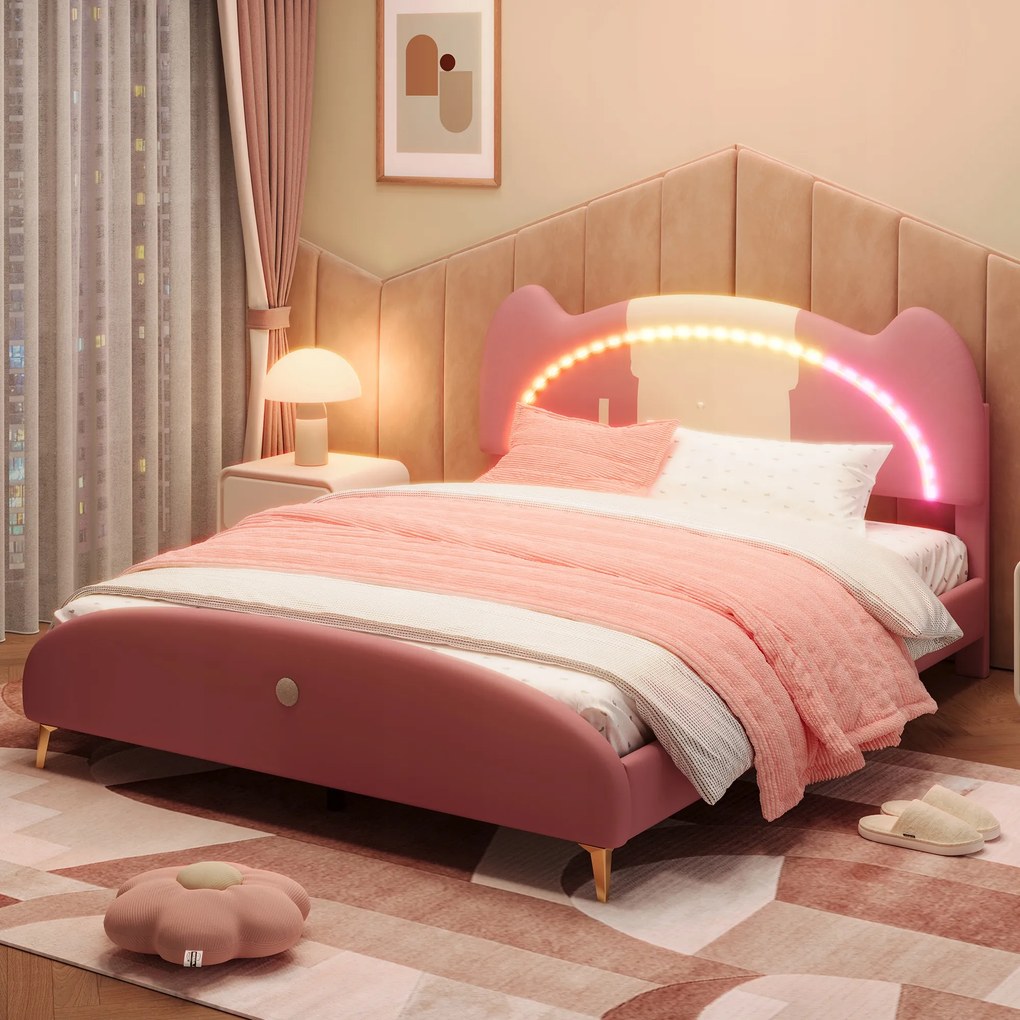 kárpitozott franciaágy Led gyerekágy 140x200cm Pu bézs