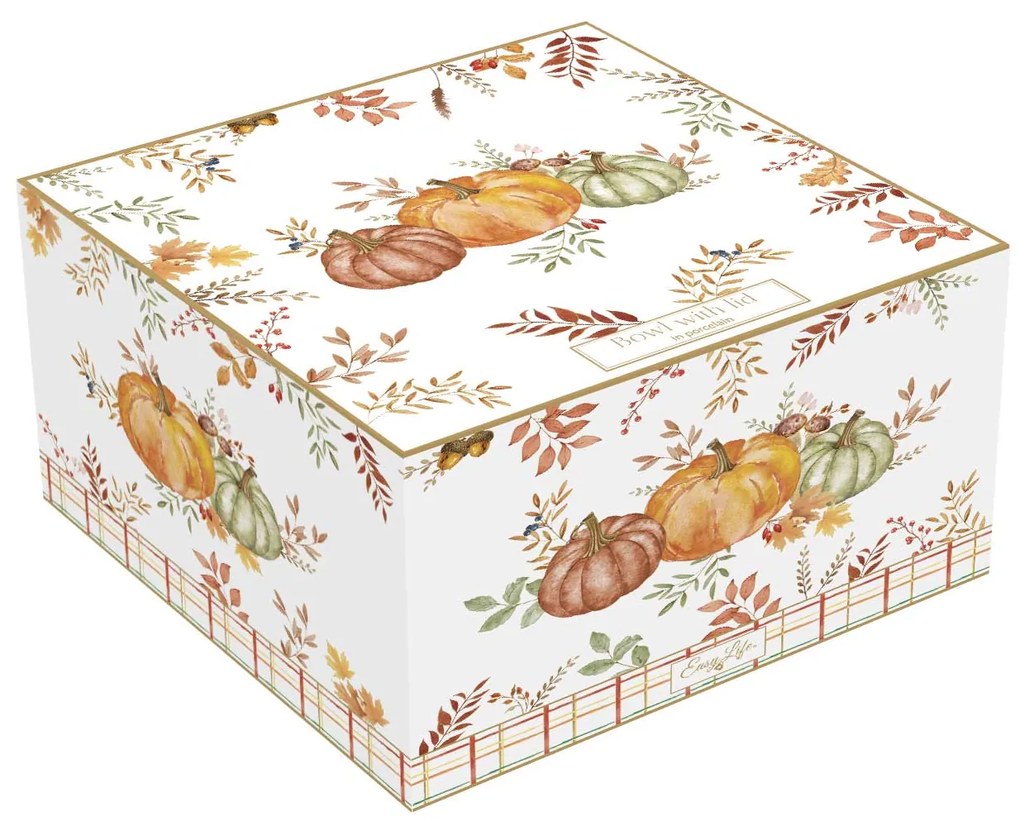 Őszi Mintás tök formájú porcelán kínáló tál fedővel 19x16cm