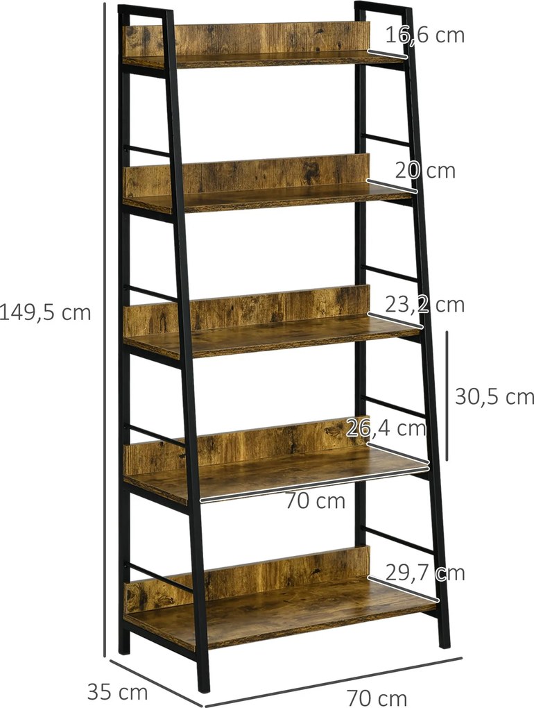 HOMCOM Ipari Stílusú Dőlt 5-Szintes Könyvespolc 70L x 35W x 150H cm | Aosom