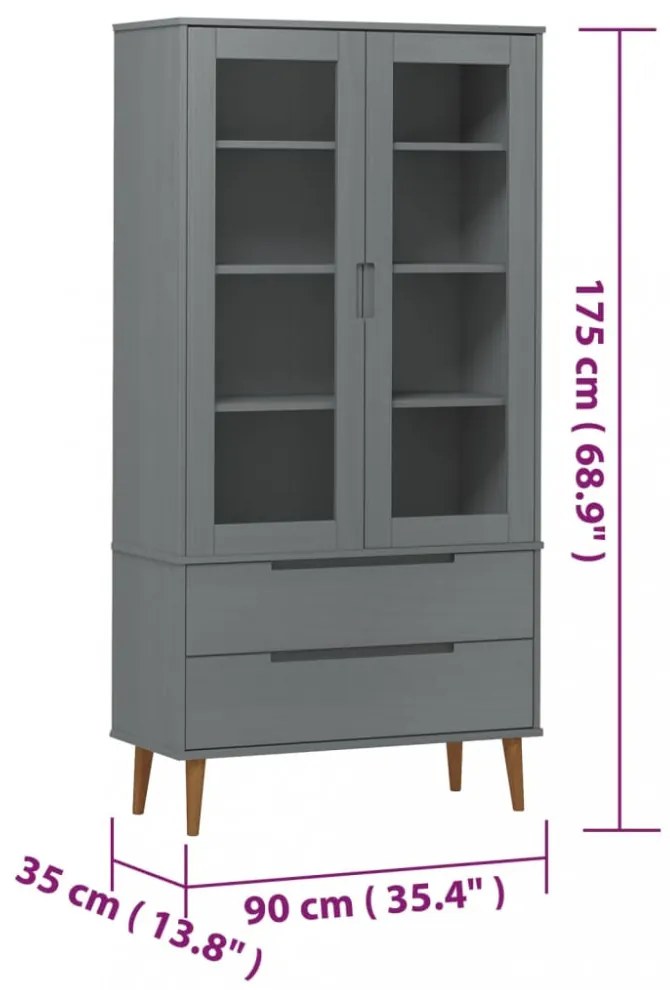 MOLDE szürke tömör fenyőfa vitrin szekrény 90 x 35 x 175 cm