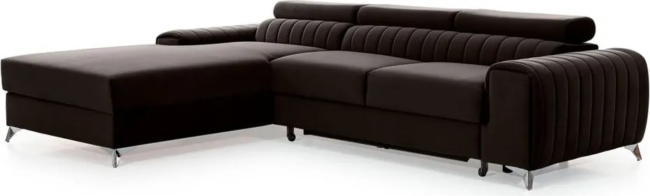 Sötétbarna bársony kinyitható-tárolóhelyes sarokkanapé (bal oldali-heverő résszel) Grayson – ELTAP