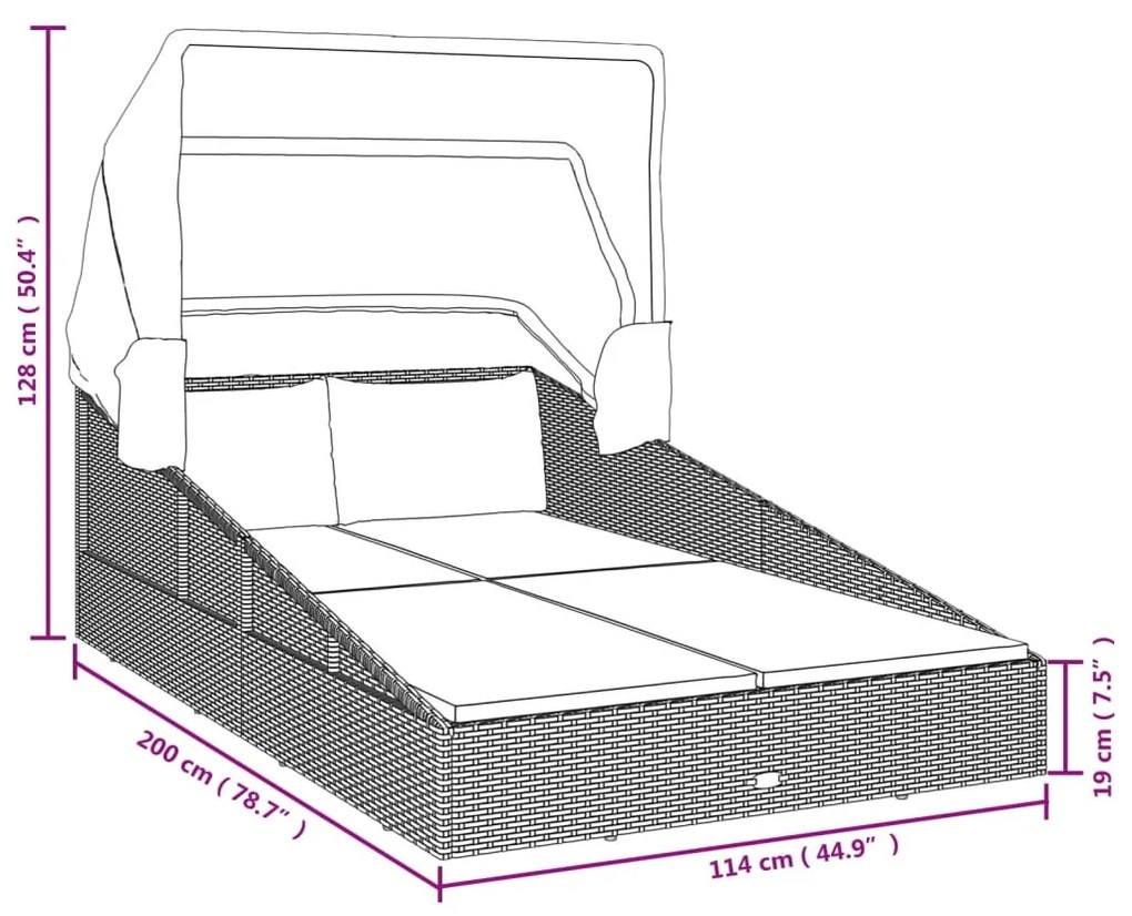 fekete polyrattan napágy összecsukható tetővel 200x114x128 cm