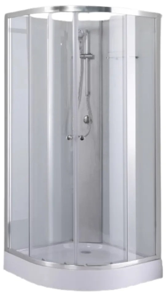 Stuxi Genova 90x90 cm íves két tolóajtós fehér hátfalas zuhanykabin 5 mm üveggel zuhanytálcával és csapteleppel