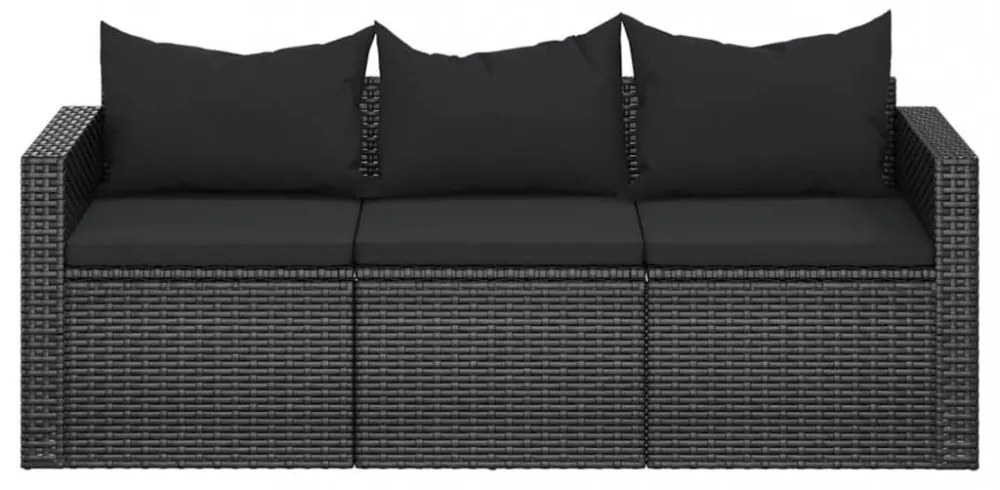 vidaXL fekete 3 személyes polyrattan kerti kanapé párnákkal