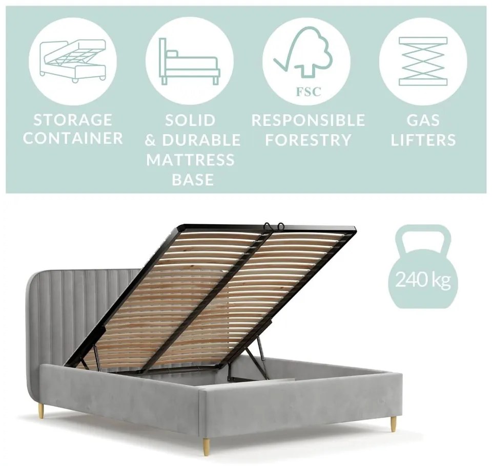 Szürke kárpitozott ágyneműtartós franciaágy ágyráccsal 160x200 cm Noto – Maison de Rêve