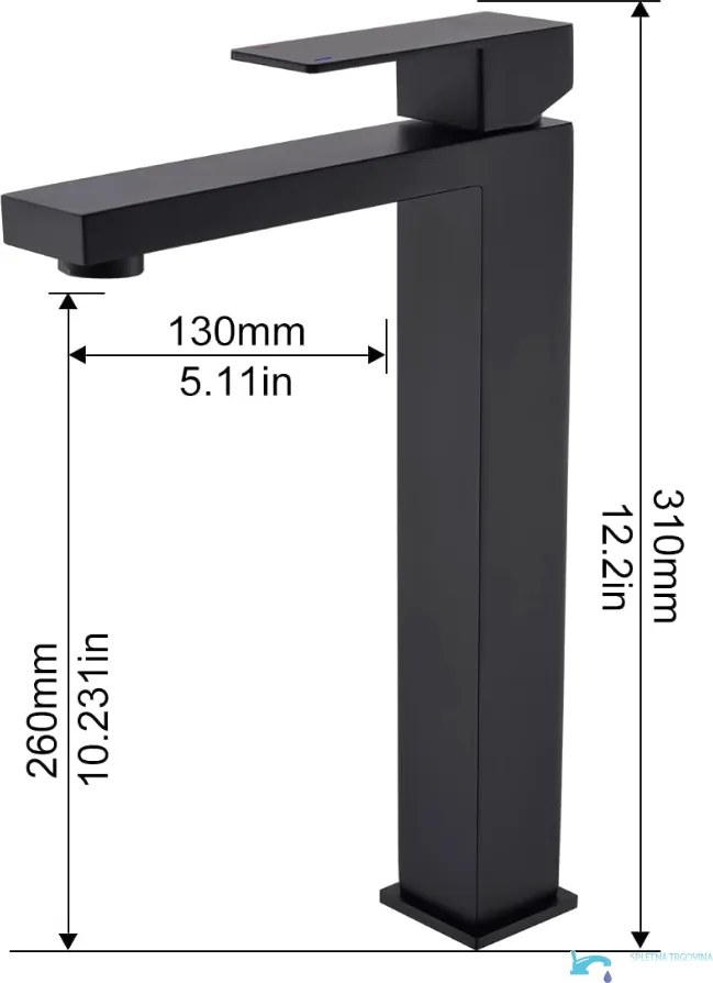 Szabadon álló EYN BC1320 fürdőszobai csaptelep, matt fekete, alacsony és magas kivitelben — 310 mm