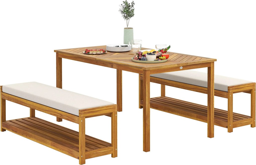 Outsunny 3 részes Kerti Bútor Szett Teak Fából: 1 Étkezőasztallal, Napernyő Nyílással, 2 Pad, Erkély Bútor Szett, Kerti Bútor Erkélyre, Teraszra | Aos