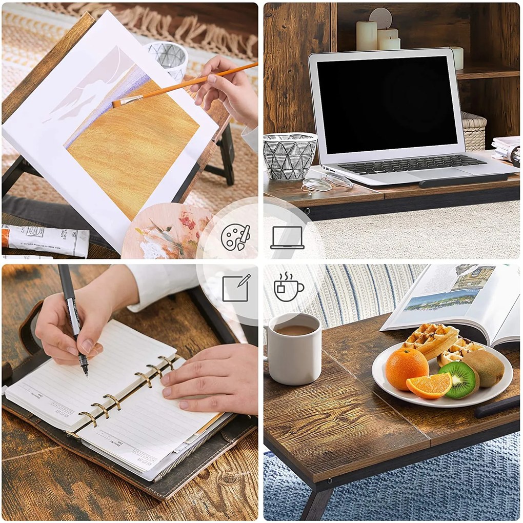 Laptop asztal, állítható reggeliző tálca, 71 x 35 x 23 cm, rusztikus barna