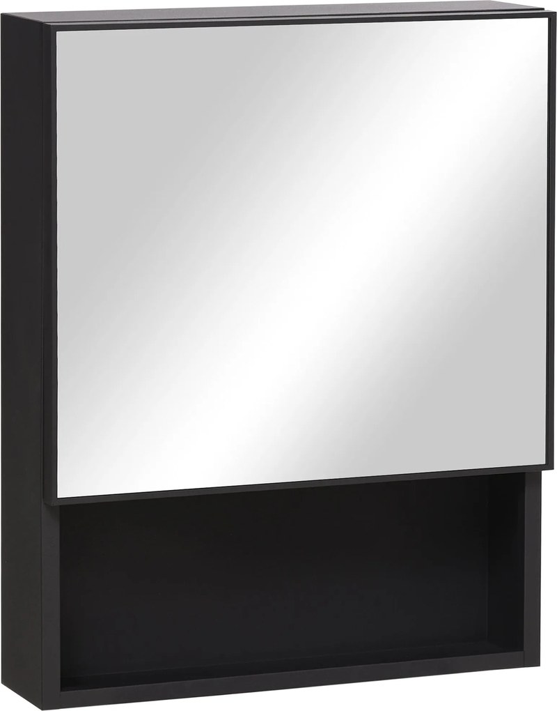 kleankin Fürdőszobai Tükörszekrény, Tükörajtós Fürdőszobai Szekrény, 2 Belső Polccal és 1 Nyitott Polccal, Fali Szekrény, Fekete, 46 x 13,5 x 58 cm |